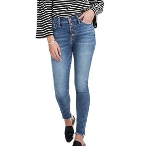 Madewell 10" High Rise Skinny Jeans Button Fly Blue MED Wash Chewed Hem 28 Tall